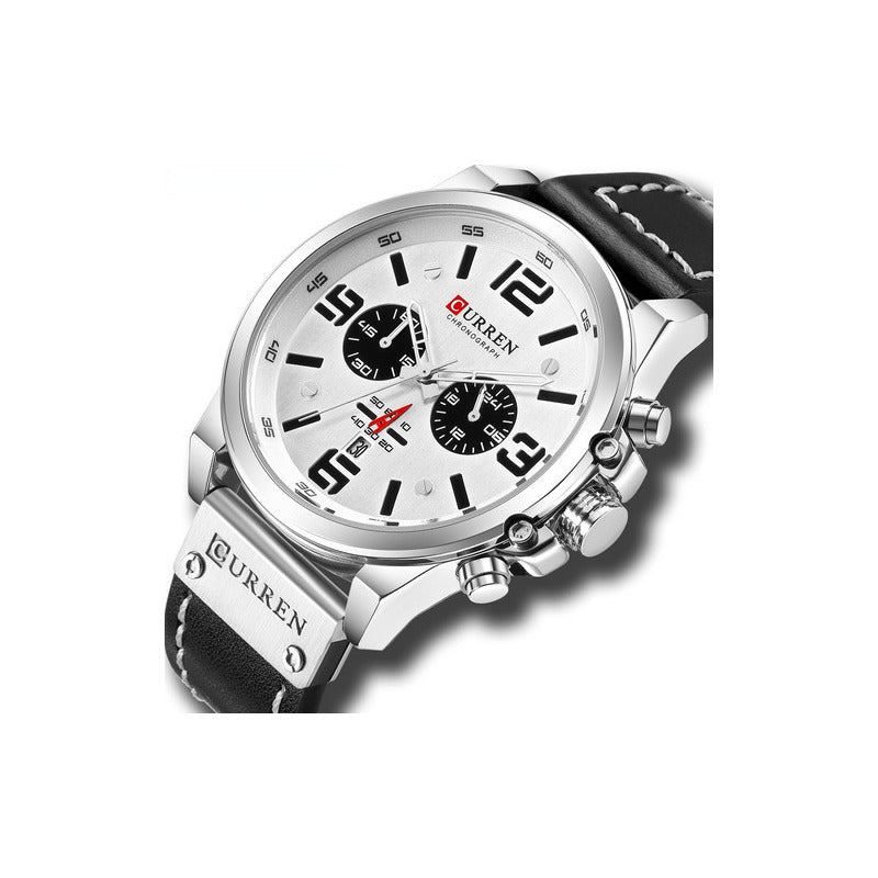 Reloj Curren Cr 8314 Hombre Cuero Negro Chrono Blanco