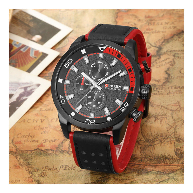 Reloj Curren De Caballero Negro -rojo Color Del Fondo Negro Y Rojo