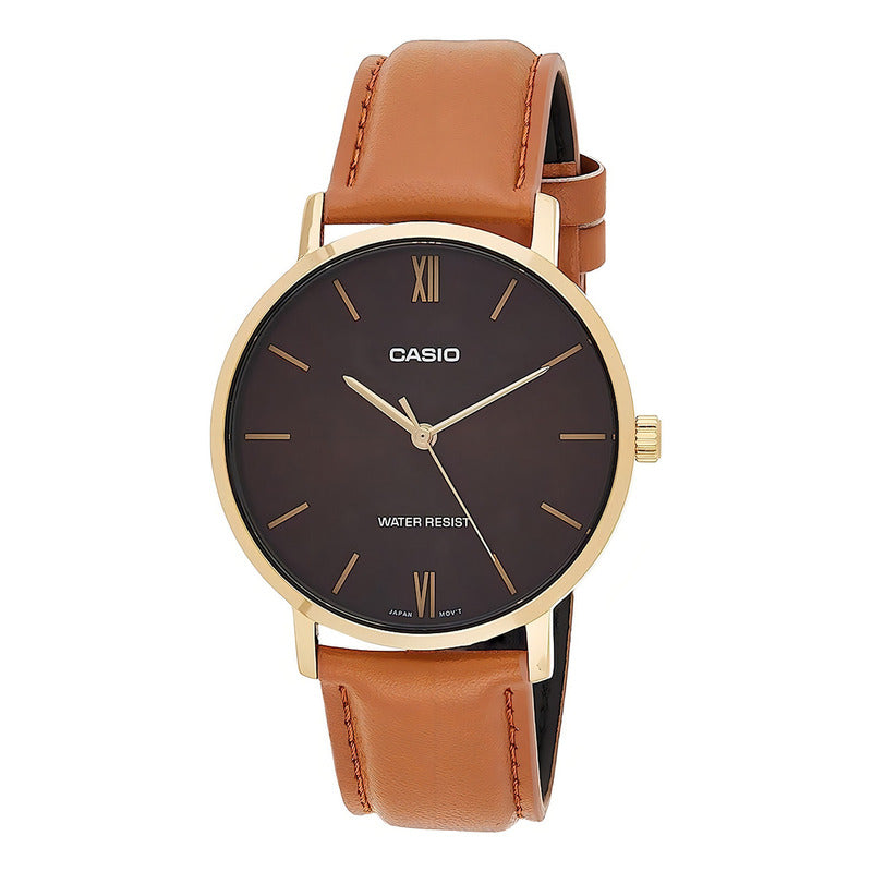 Reloj Pulsera Casio Mtp-vt01 Con Correa De Cuero Color Marrón - Bisel Dorado