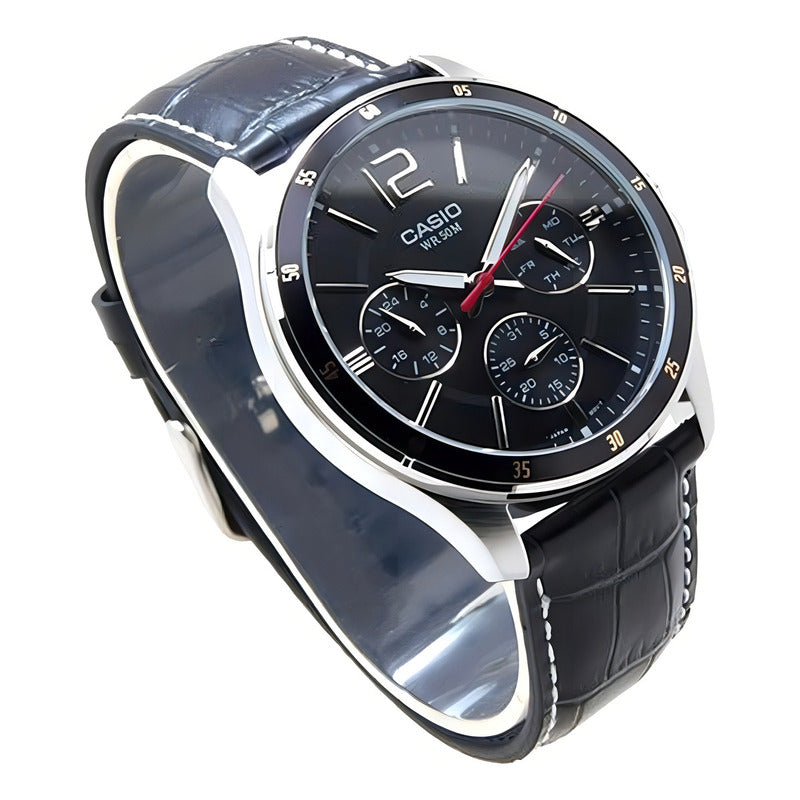 Reloj Casio Mtp-1374l-1a Hombre Multifuncion Acero Cuero 50m Wr Negro