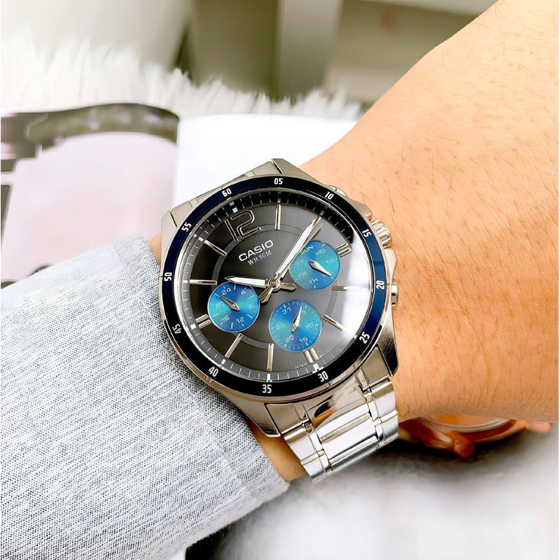 Reloj Casio Hombre Mtp-1374d Colores Surtidos/relojesymas Correa Plateada Bisel Negro Fondo Azul 2a