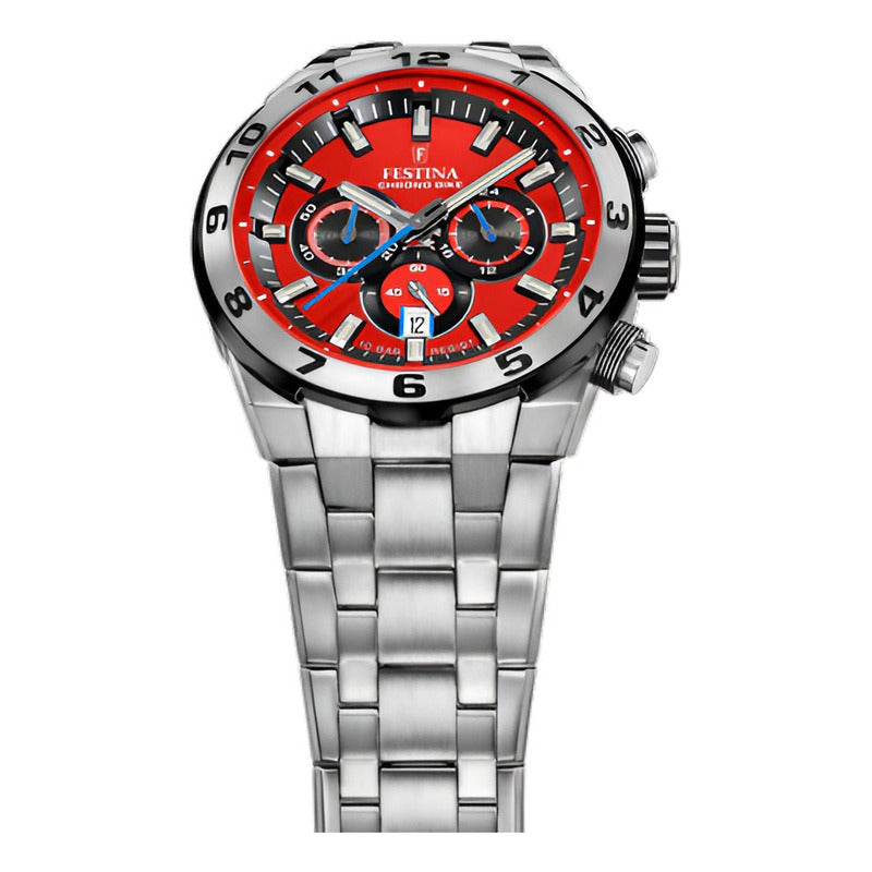 Reloj Festina F20670.5 Para Hombre Chronobike 2024 Malla Plateado Bisel Plateado Fondo Rojo