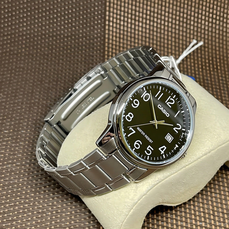 Reloj Pulsera Casio Mtp-v002d-1bu Con Correa De Acero Inoxidable Color Plateado - Fondo Negro