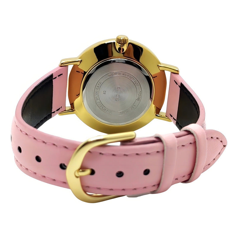 Reloj De Pulsera Casio Dress Ltp-vt01gl-4b De Cuerpo Color Dorado, Analógico, Para Mujer, Fondo Rosa, Con Correa De Cuero Color Rosa, Agujas Color Dorado, Dial Dorado, Bisel Color Dorado