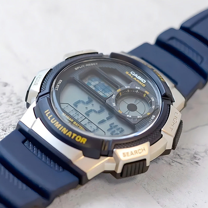 Reloj Pulsera Digital Casio Ae-1000w-2a Con Correa De Resina Color Azul - Fondo Negro