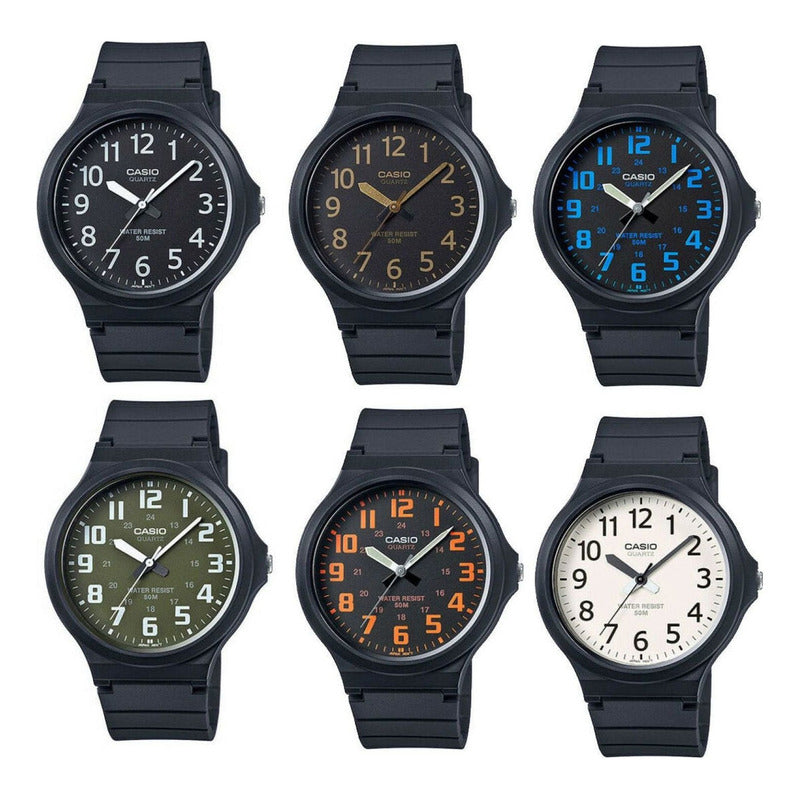 Reloj De Pulsera Casio Youth Mw-240-2bv Con Cuerpo Negro, Analógico, Para Hombre, Fondo Negro, Con Correa De Resina Negra, Fondo Azul Cielo, Bisel Negro Y Hebilla Sencilla