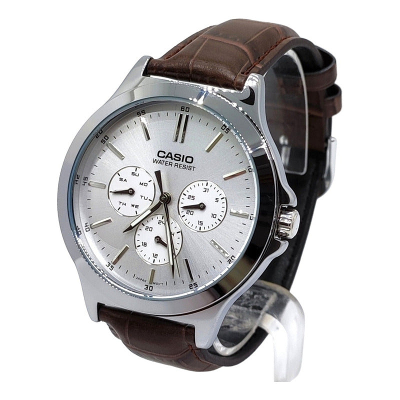 Reloj Casio Hombre Mtp-v300l-7a Cuero Original Color De La Correa Marrón Color Del Fondo Plateado