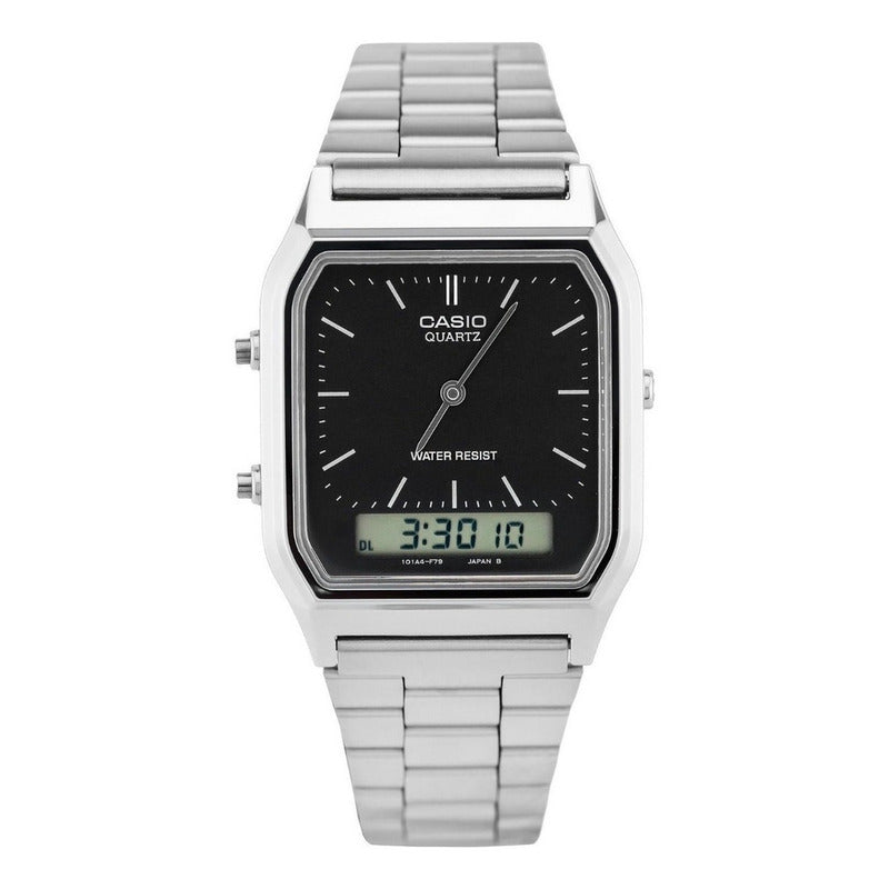 Reloj Pulsera Casio Aq-230 Con Correa De Acero Inoxidable Color Plateado - Fondo Negro/gris