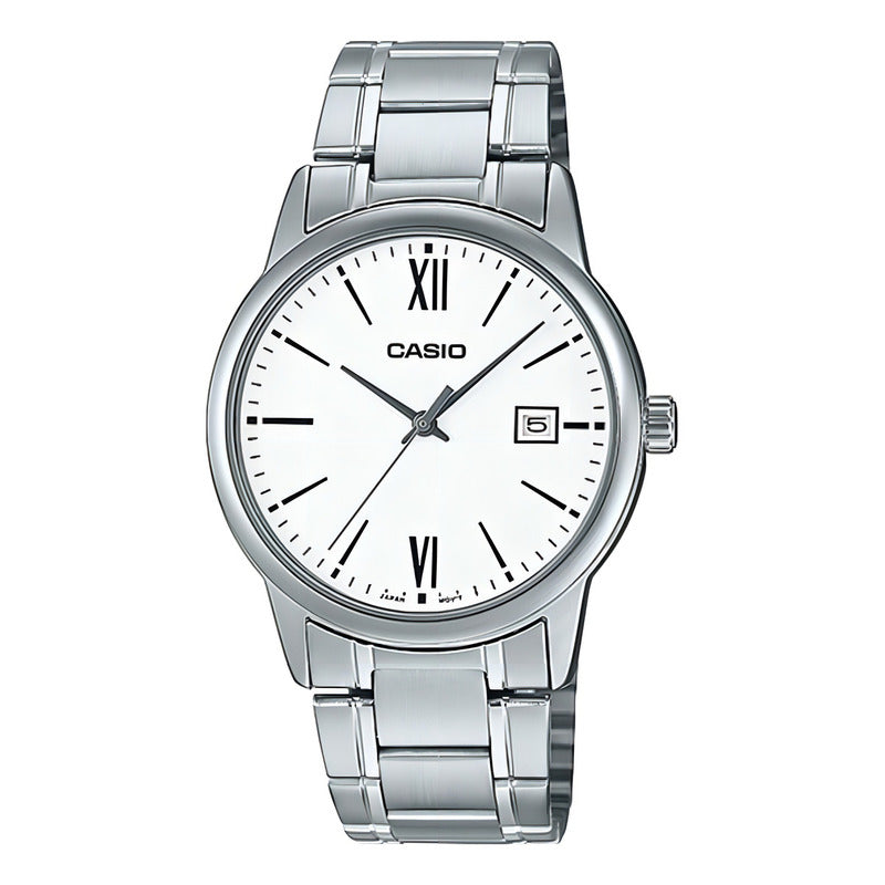 Reloj Pulsera Casio Mtp-v002d-7b3 Con Correa De Acero Inoxidable Color Gris - Fondo Blanco