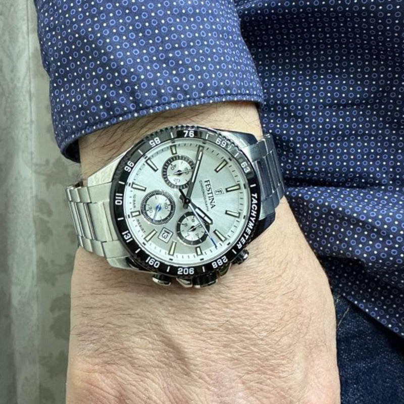 Reloj Festina Hombre Ceramic Cronografo !!! Malla Plateado Bisel Negro Fondo Blanco