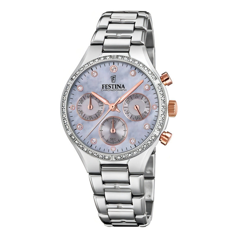 Reloj Festina Mujer Acero Rose Crono Piedras Fecha F20401.3 Plateado Plateado Nácar