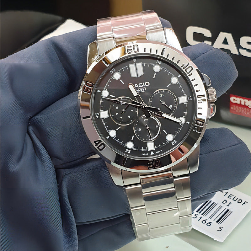 Reloj Hombre Casio Mtp-vd300d-1e Plateado Original Color Del Fondo Negro