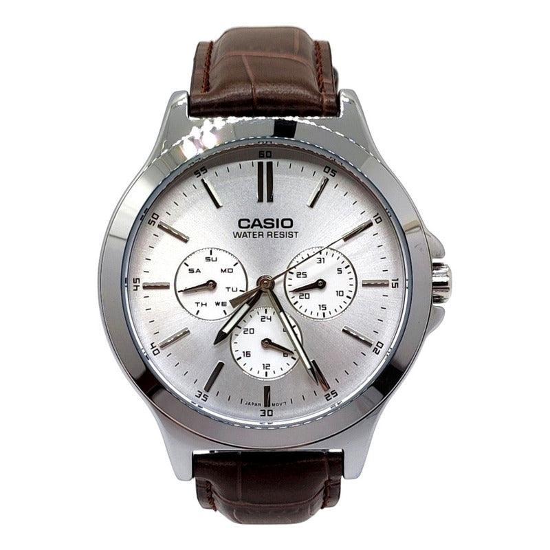 Reloj Casio Hombre Mtp-v300l-7a Cuero Original Color De La Correa Marrón Color Del Fondo Plateado