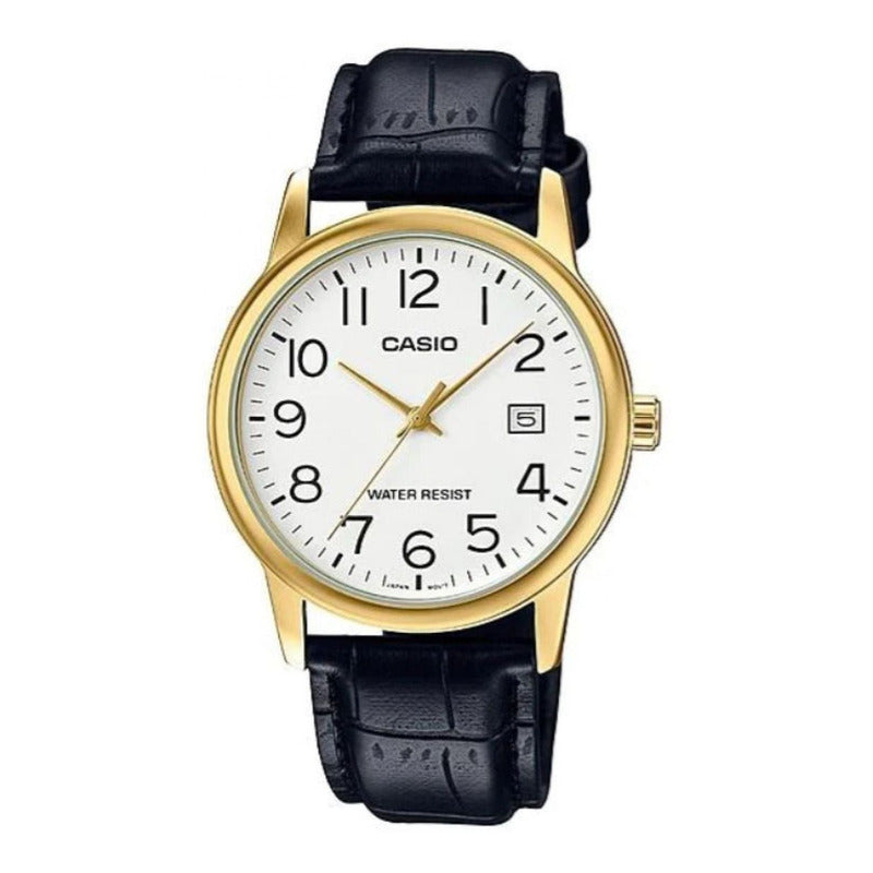 Reloj Pulsera Casio Mtp-v002gl-7b2u Con Correa De Cuero Color Negro - Fondo Blanco - Bisel Dorado