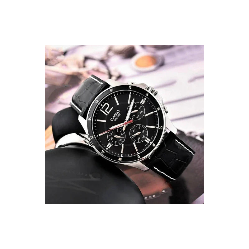 Reloj Casio Mtp-1374l-1a Hombre Multifuncion Acero Cuero 50m Wr Negro
