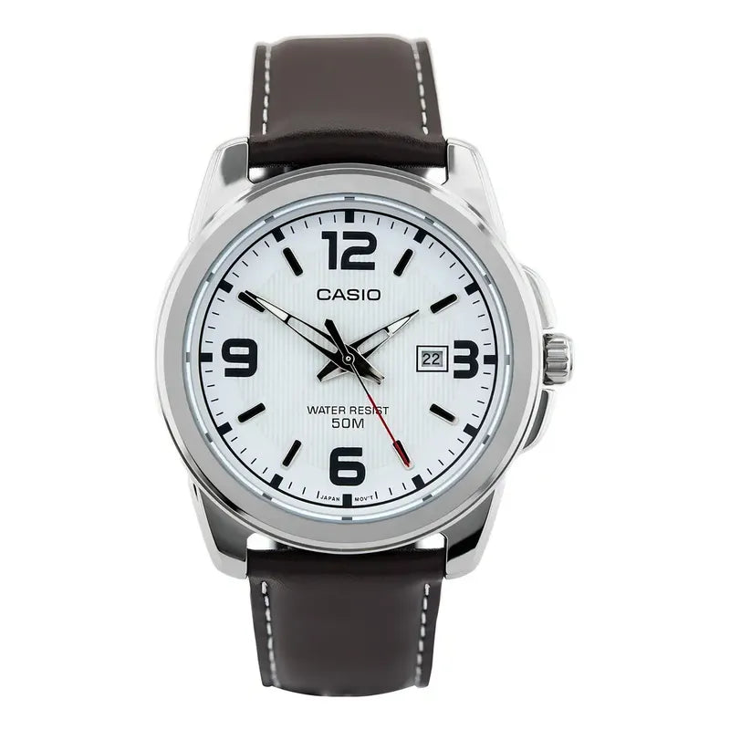 Reloj Casio Mtp-1314l-7a 50m Wr Acero Cuero Fechador Hombre Marrón Oscuro Plateado