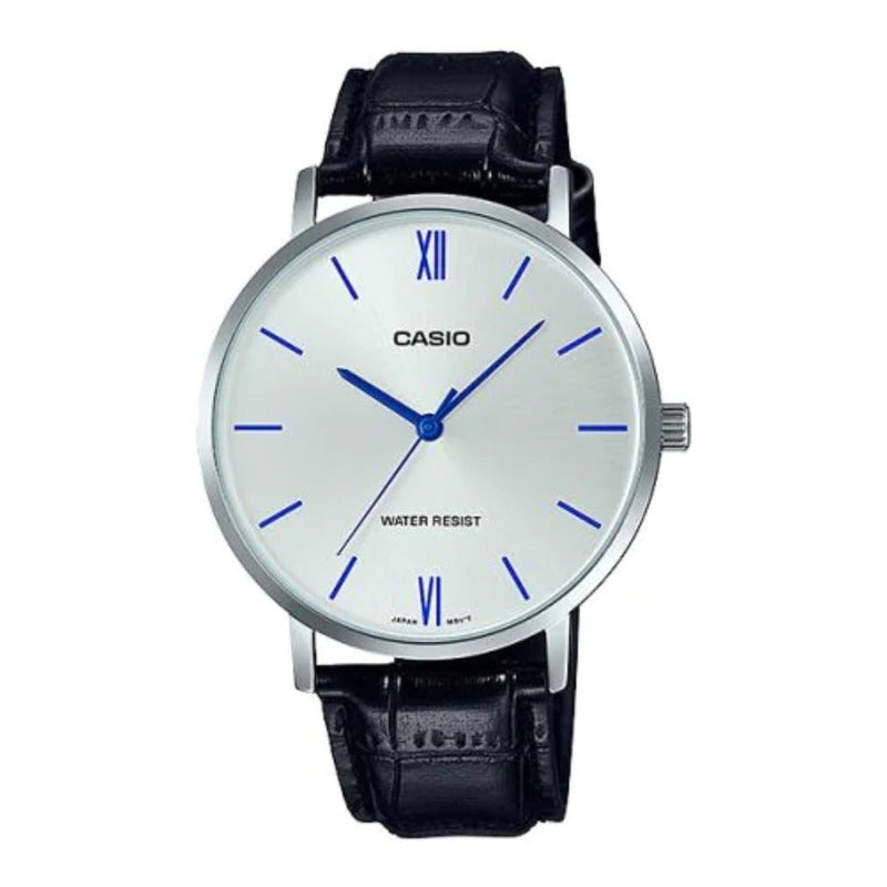 Reloj Pulsera Casio Mtp-vt01l-7b1 Con Correa De Cuero Color Negro - Fondo Plateado