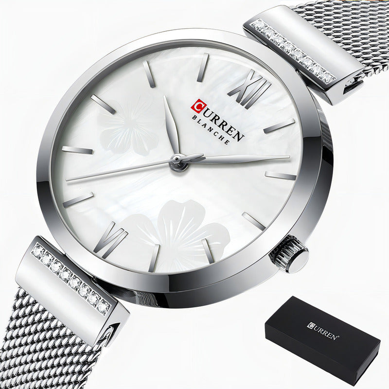 Reloj Curren De Cuarzo Inoxidable De Malla Elegante Para Muj Color De La Correa Plateado Blanco