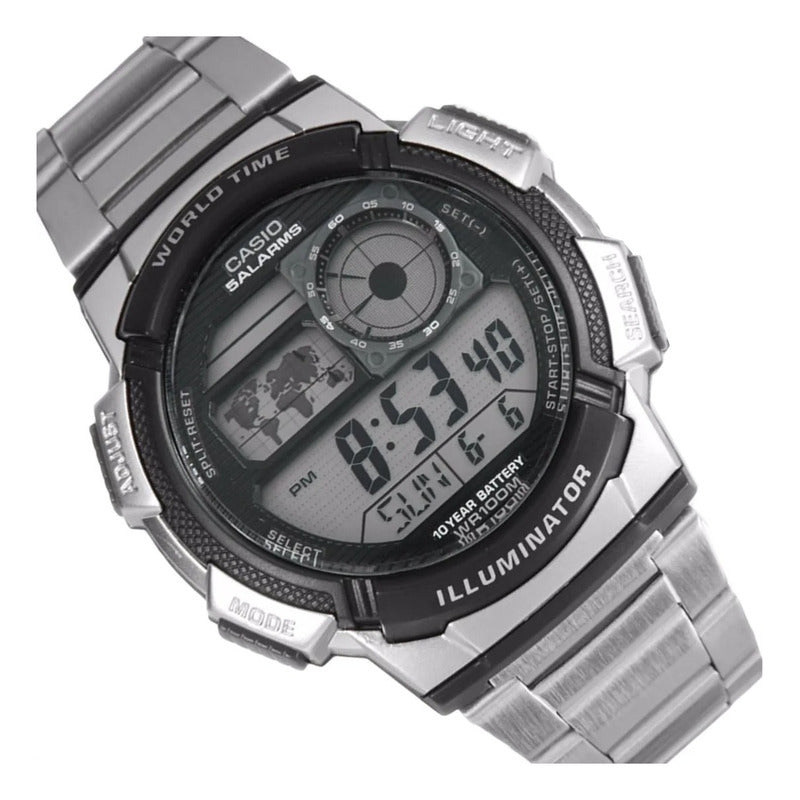 Reloj Pulsera Digital Casio Ae-1000wd-1avdf Con Correa De Acero Inoxidable Color Plateado - Fondo Negro