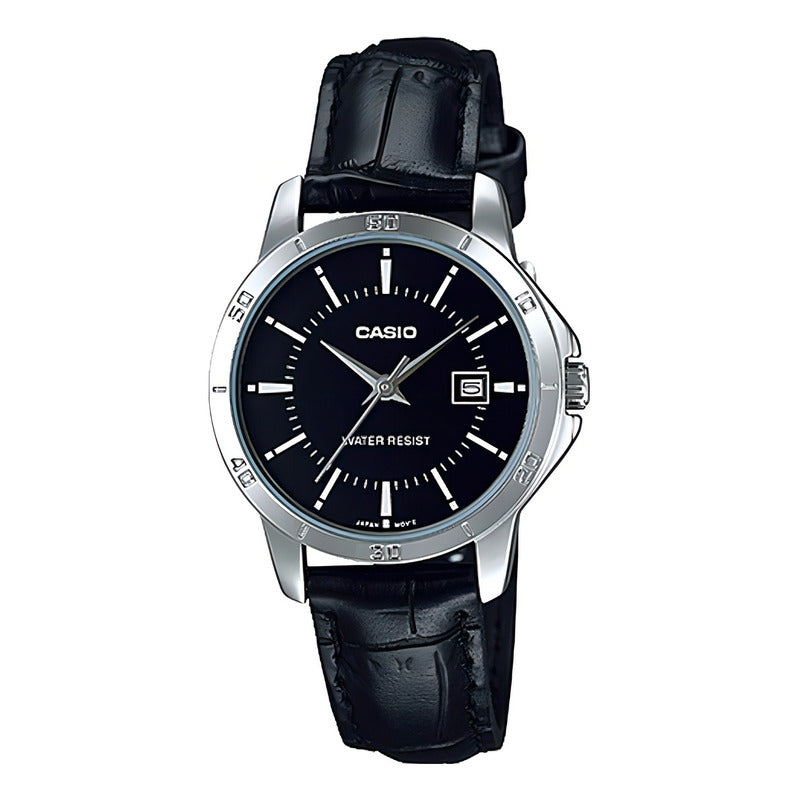 Reloj Casio Mujer Modelo Ltp-v004l-1audf /jordy Color De La Correa Negro Color Del Bisel Plata Color Del Fondo Negro Ltp-v004l-1a