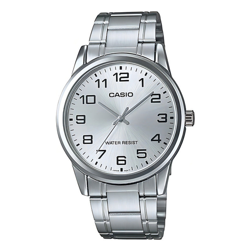 Reloj Pulsera Casio Mtp-v001d-1budf Con Correa De Acero Inoxidable Color Plateado - Fondo Negro