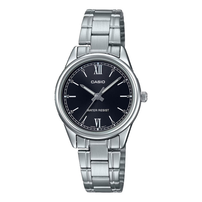 Reloj Mujer Casio Ltp-v005d-1b2 Original Plateado Plateado Negro Con Numeros Romanos