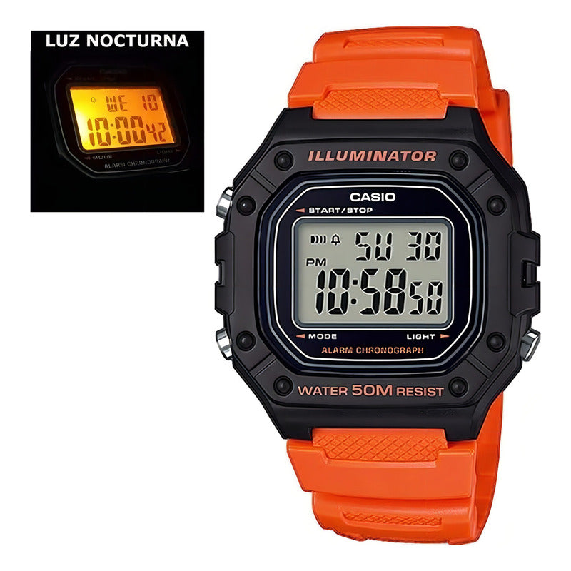 Reloj De Pulsera Casio Youth W-218h-4b2, Digital, Para Hombre, Fondo Gris, Con Correa De Resina Color Naranja, Dial Negro, Minutero/segundero Negro, Bisel Color Negro, Luz Ámbar Y He