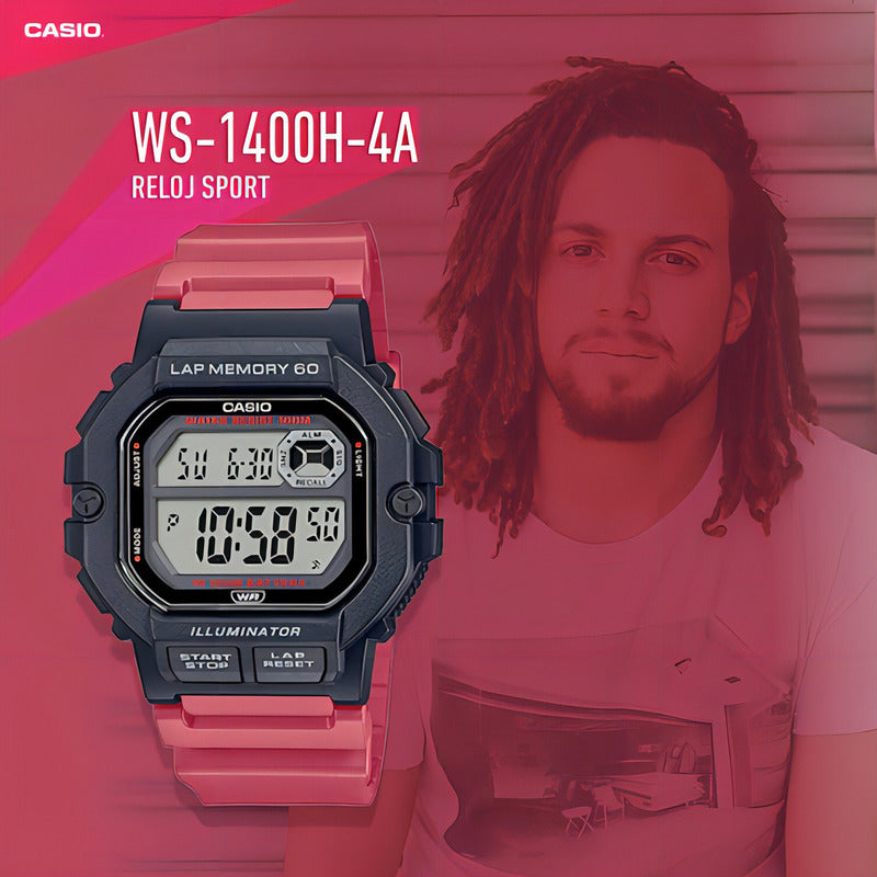 Reloj Casio Ws-1400h-4av Sumergible Original Color De La Correa Rojo Color Del Bisel Negro Color Del Fondo Agua