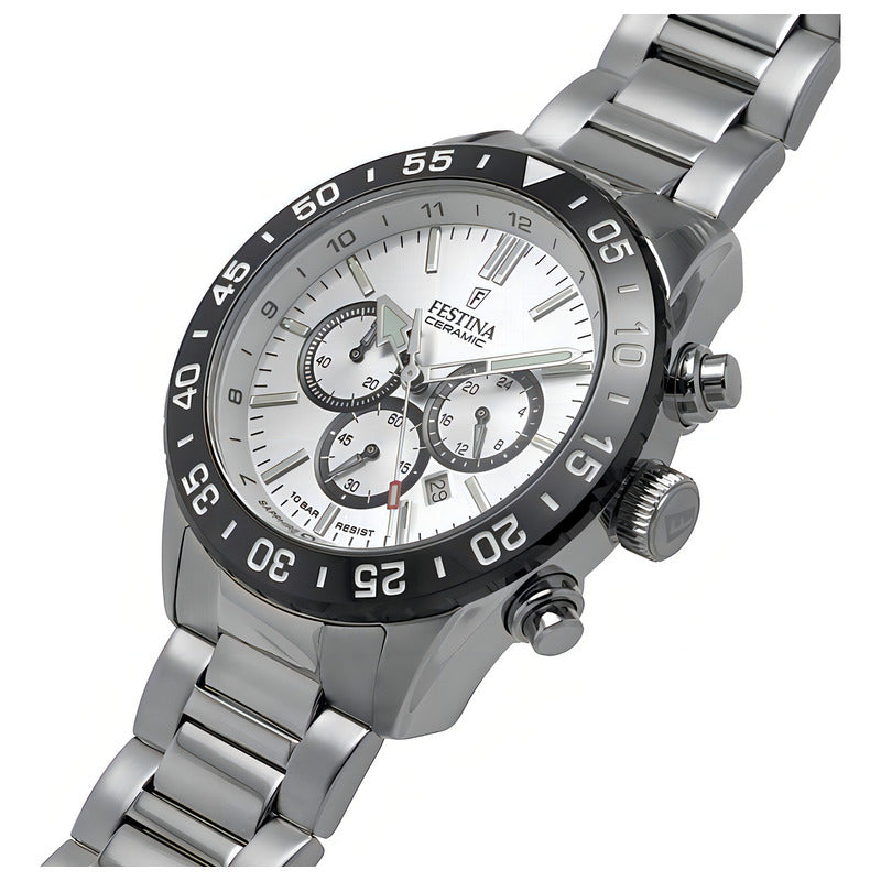 Reloj Festina F20575.1 Hombre Ceramic Chrono Acero 100 Mts Color De La Malla Plateado Color Del Bisel Negro Color Del Fondo Plateado