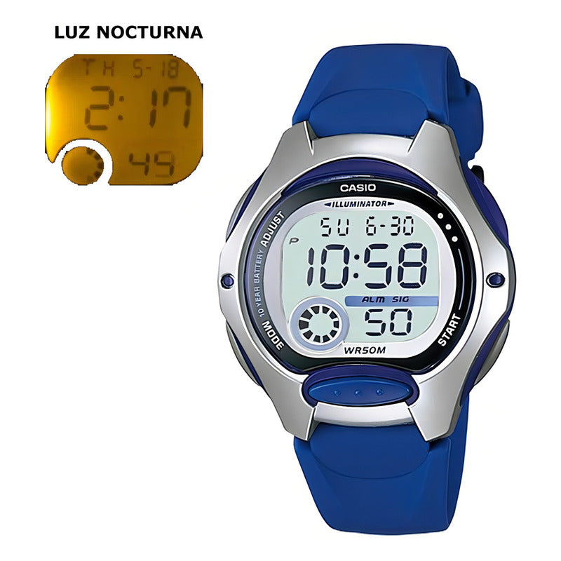 Reloj Mujer Casio Lw-200-2a Azul Digital / Color Del Bisel Plateado Color Del Fondo Gris