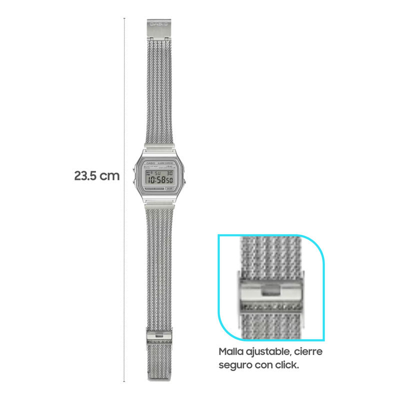 Reloj Casio Vintage A158wem7dg De Acero Inoxidable Con Malla Trenzada Y Alarma Plateado Gris Beige