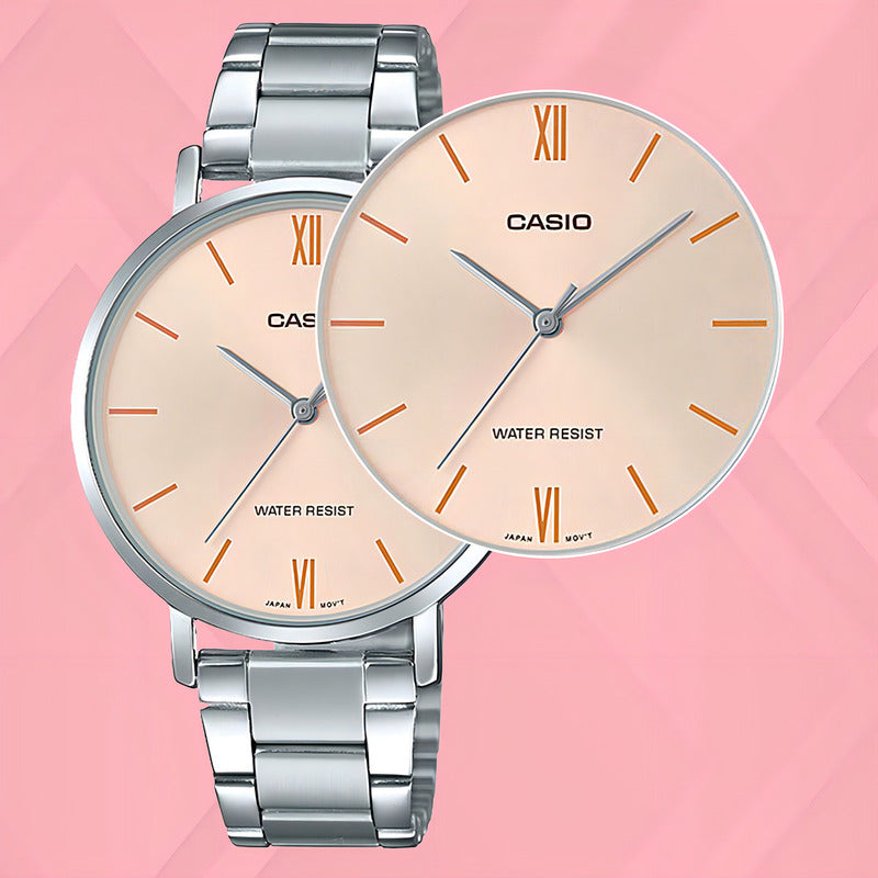 Reloj Casio Ltp-vt01d-4budf Cuarzo Mujer Color De La Correa Plateado Color Del Bisel Plateado Color Del Fondo Rosa Plata