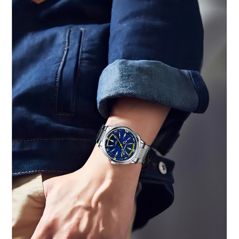 Reloj Pulsera Curren 8455 Con Correa De Acero Inoxidable Fondo Plateado/azul