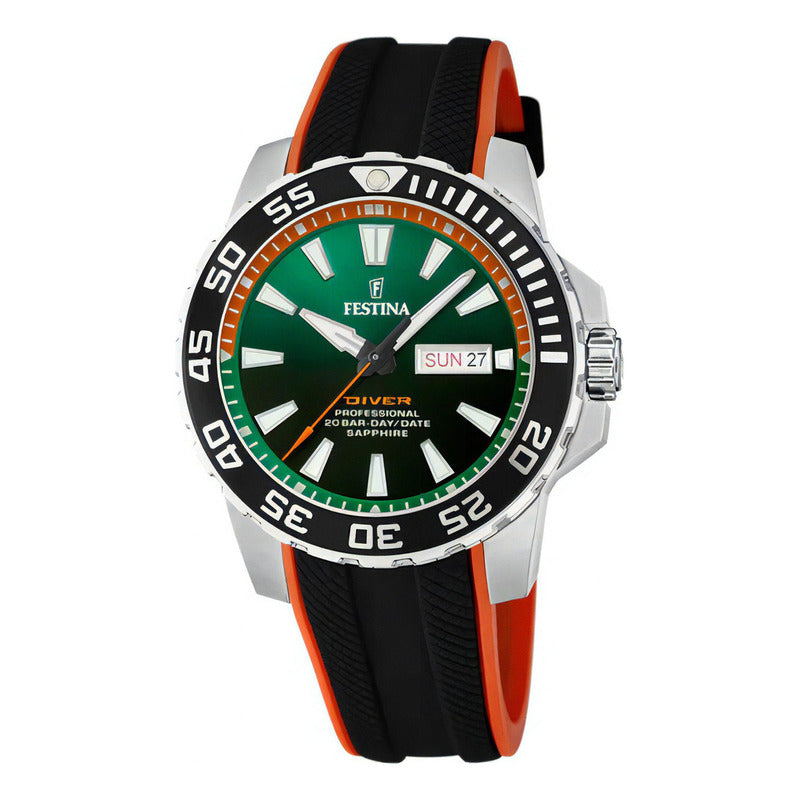 Reloj Festina F20662.2 Deportivo Relojesymas Color De La Correa Negro/naranja Color Del Bisel Plateado Color Del Fondo Verde