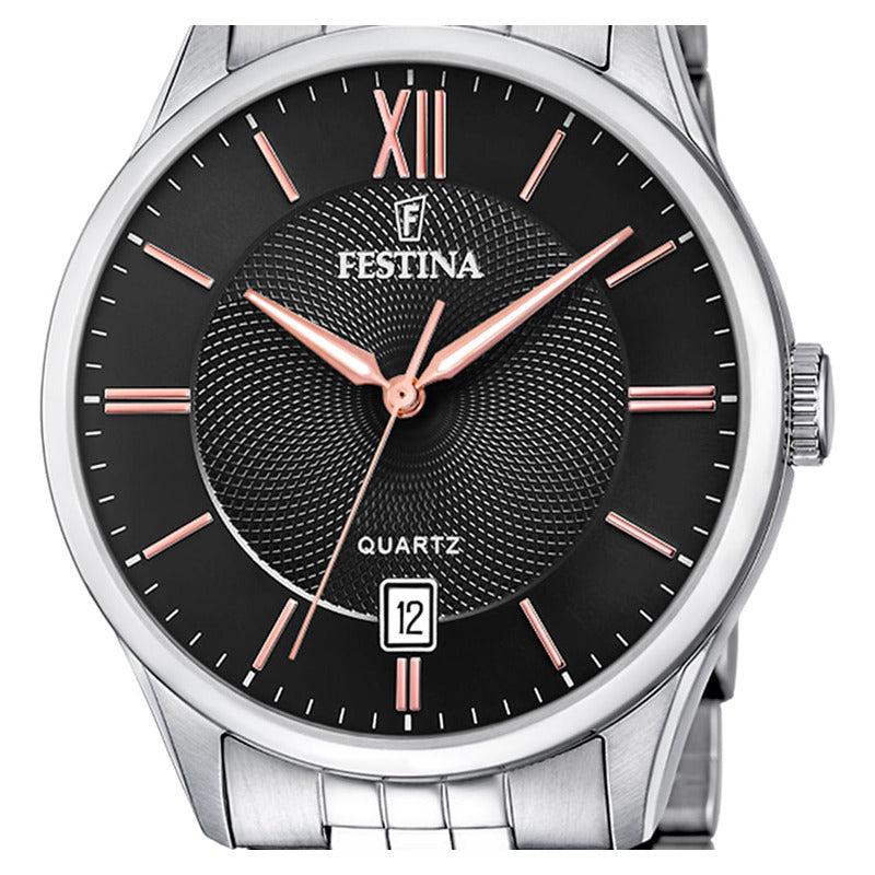 Reloj Pulsera Festina Relógio Con Correa De Acero Color Gris - Fondo Negro - Bisel Plateado