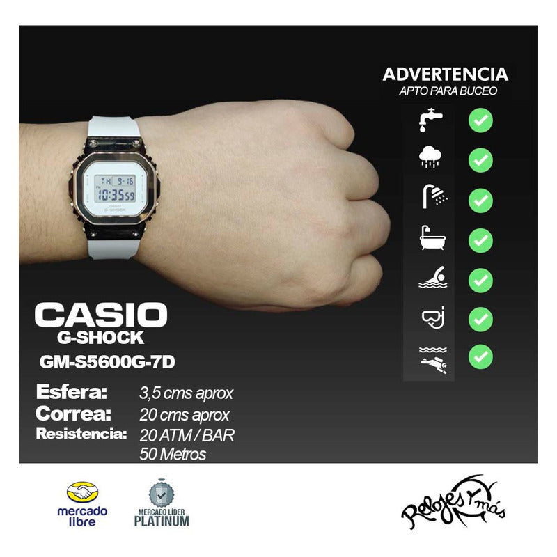Reloj Casio G Shock Mujer Gm-s5600g-7d Deportivo Original Plateado Blanco