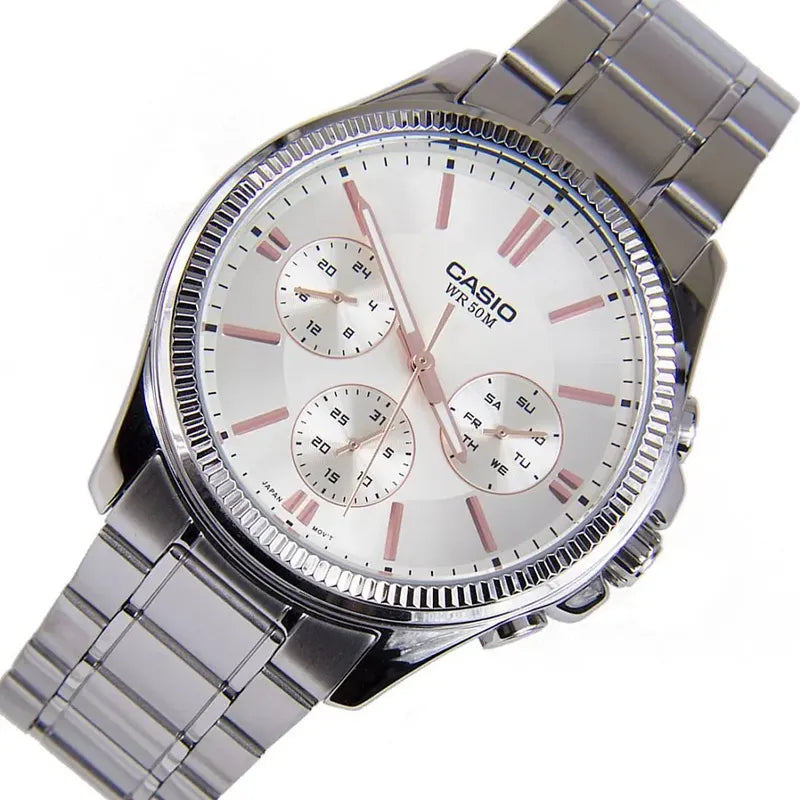 Reloj Casio Mtp-1375d-7a2vdf Para Hombre, De Acero Inoxidable, Con Cronógrafo Plateado Beige
