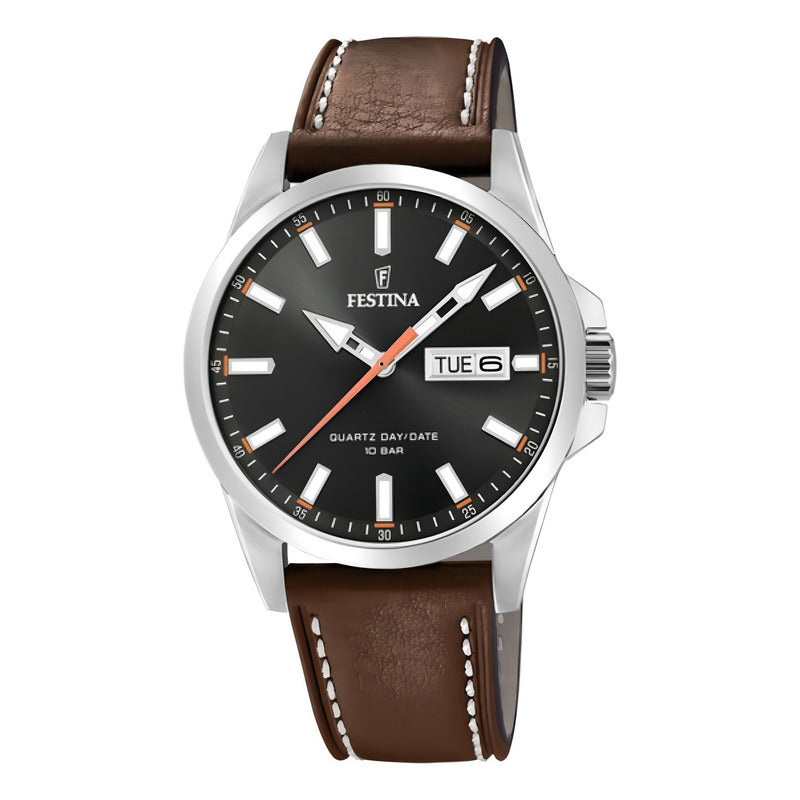 Reloj Pulsera Festina F20358-3 Con Correa De Cuero Color Marrón - Fondo Negro - Bisel Plata