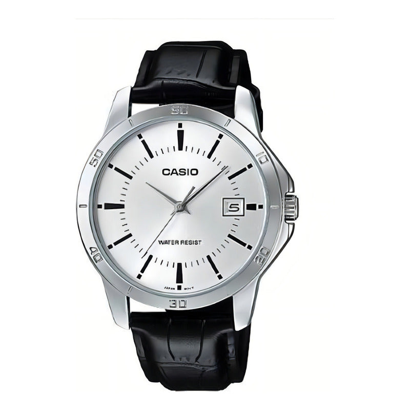 Reloj Pulsera Casio Mtp-v004l-7a Con Correa De Cuero Color Negro - Fondo Blanco - Bisel Plata