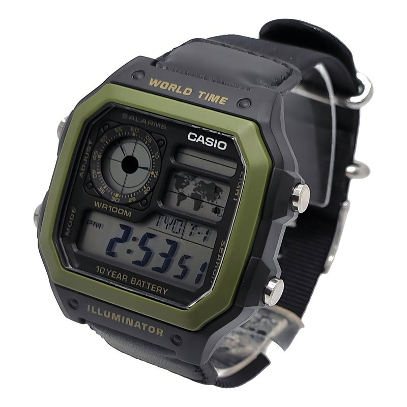 Reloj Pulsera Digital Casio Ae-1200whb-1b Con Correa De Tela Color Negro - Bisel Verde