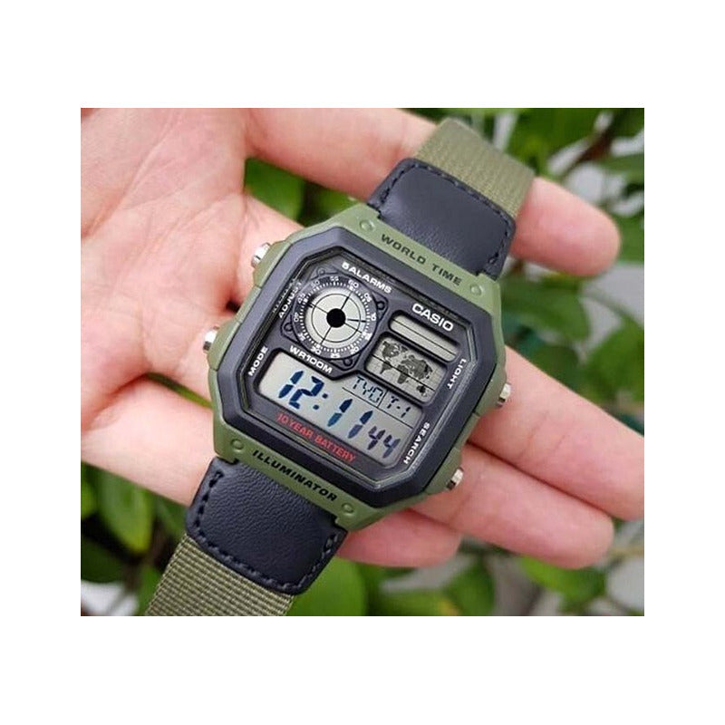 Reloj Pulsera Digital Casio Ae-1200whb-3b Con Correa De Tela Color Negro/verde - Fondo Negro