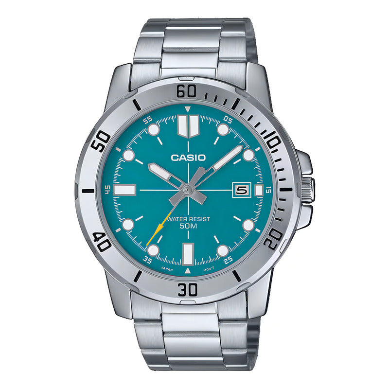 Reloj Casio Mtp-vd01d-3e2 Para Hombre, De Acero Inoxidable Y Bisel Azul Plateado