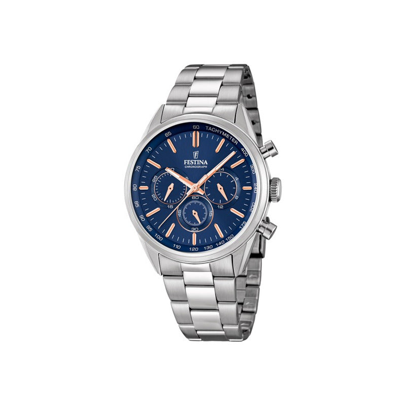 Reloj Festina Timeless F16820.a Hombre Acero Inoxidable Malla Plateado Bisel Plateado Fondo Azul