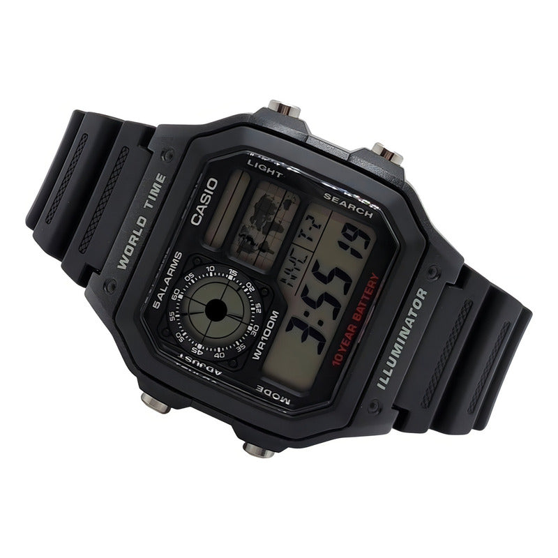 Reloj Pulsera Digital Casio Ae-1200wh-1a Con Correa De Resina Color Negro - Fondo Gris