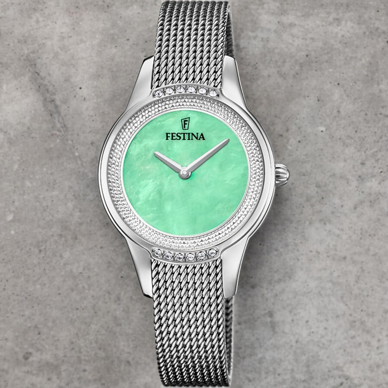 Reloj Festina Para Mujer De Acero Con Malla Tejida Y Fondo Verde Claro Plateado