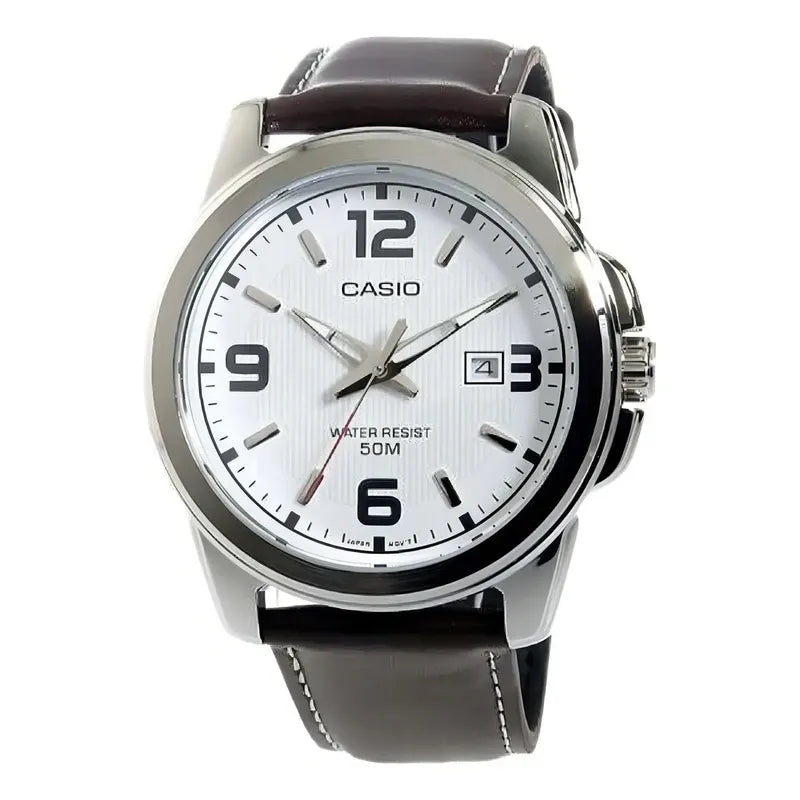 Reloj Casio Mtp-1314l-7a 50m Wr Acero Cuero Fechador Hombre Marrón Oscuro Plateado