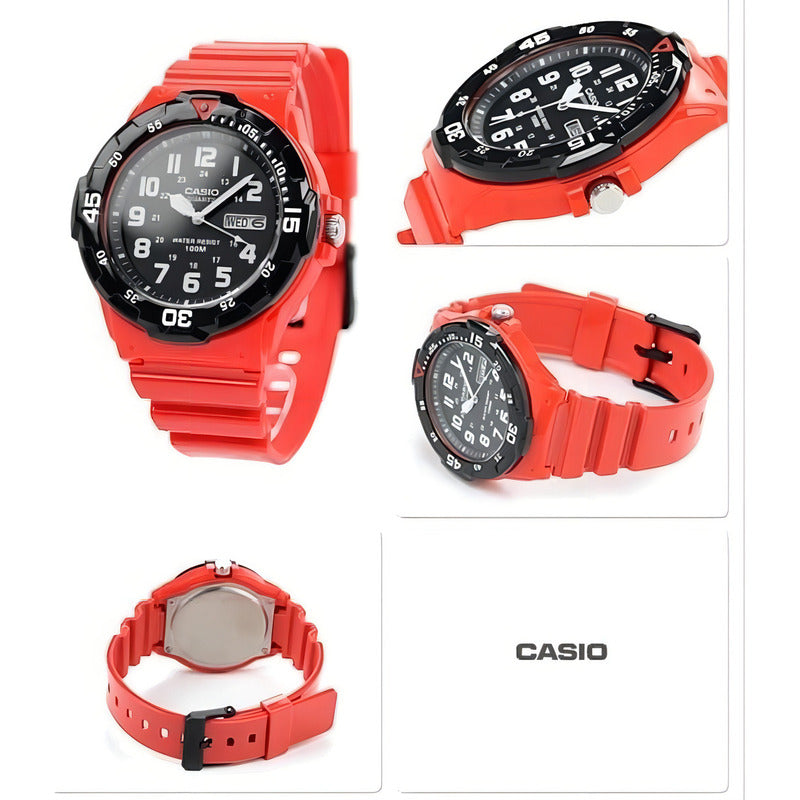 Reloj Hombre Casio Mrw-200hc-4b Análogo Retro / Correa Rojo Bisel Negro Fondo Negro