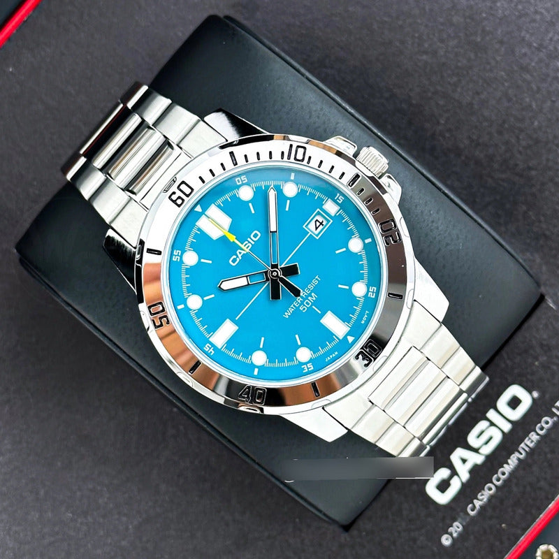 Reloj Casio Mtp-vd01d-3e2 Para Hombre, De Acero Inoxidable Y Bisel Azul Plateado