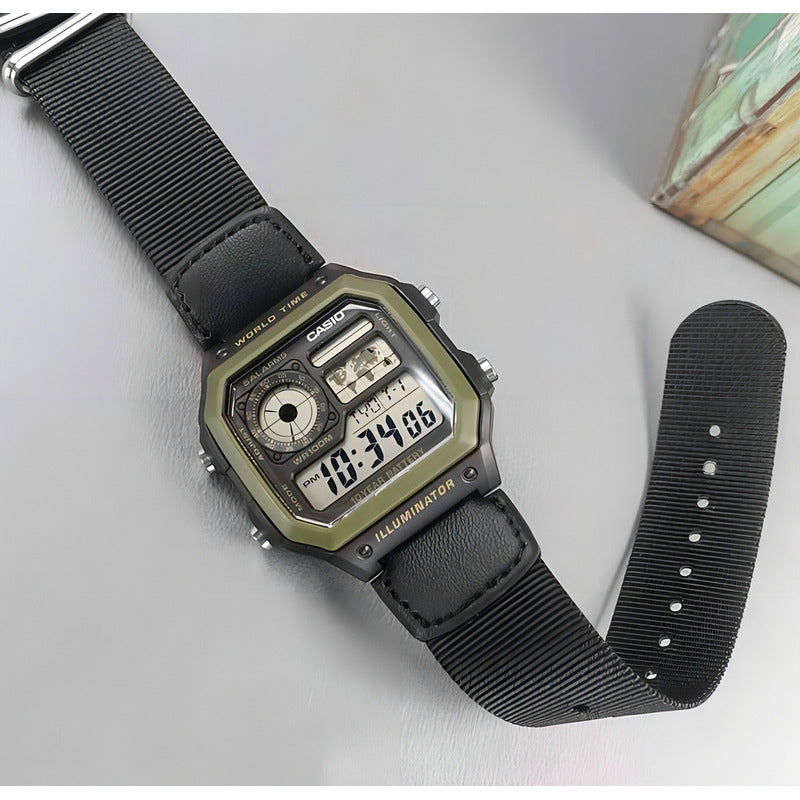 Reloj Pulsera Digital Casio Ae-1200whb-1b Con Correa De Tela Color Negro - Bisel Verde