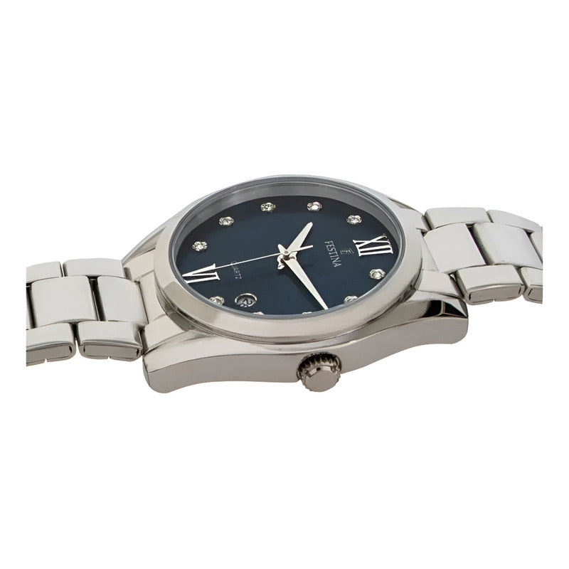 Reloj De Mujer Festina Boyfriend Con Piedras De Acero F16790 Color Del Fondo Azul Color De La Malla Plateado Color Del Bisel Plateado